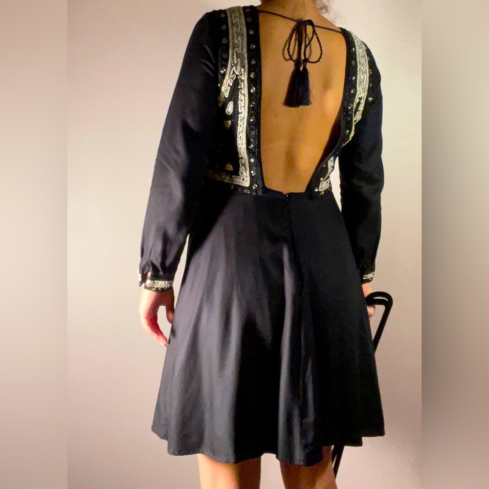 H&M black backless embroidered mini dress.